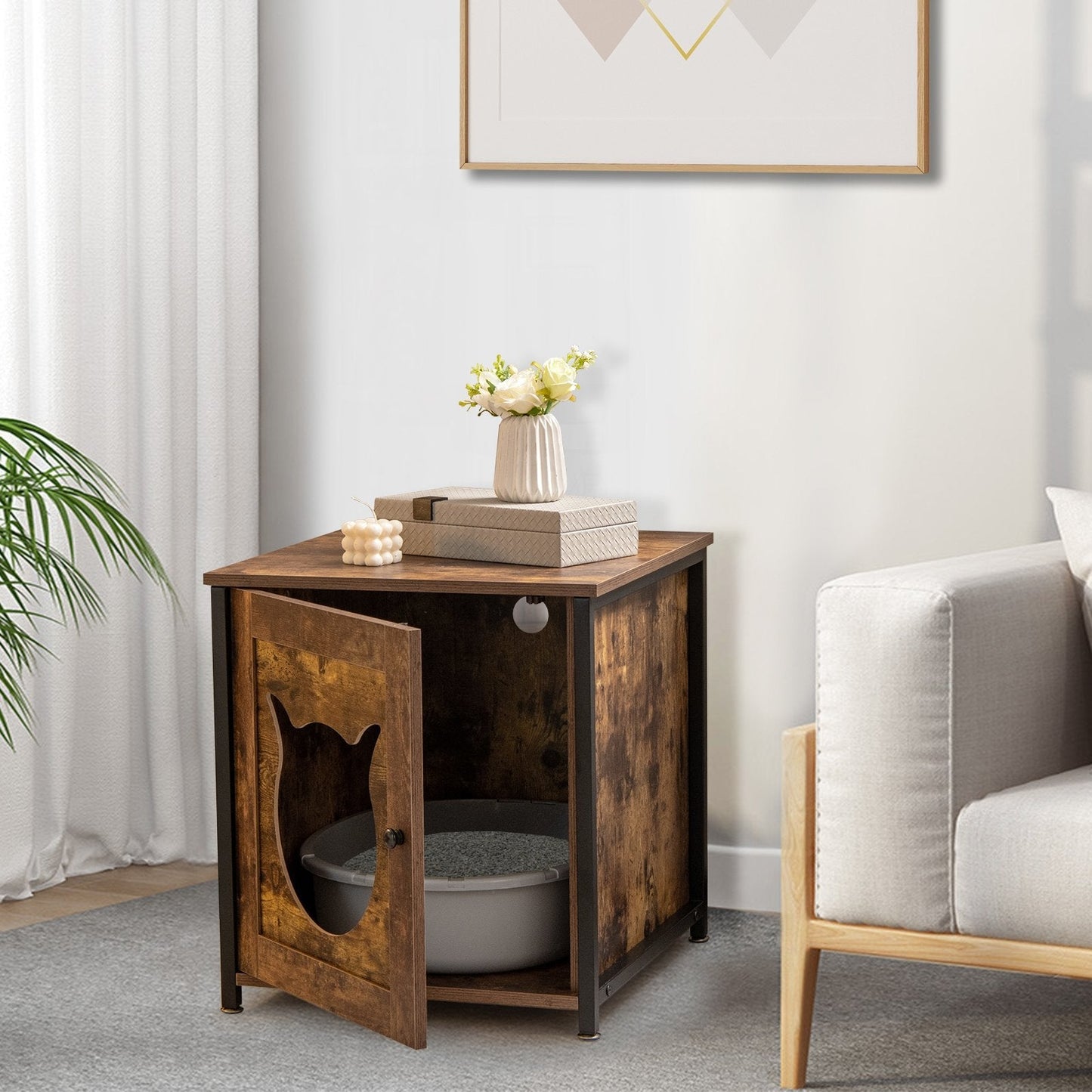 Cat Litter Box Enclosure with Door and Ventilated Hole-Brown