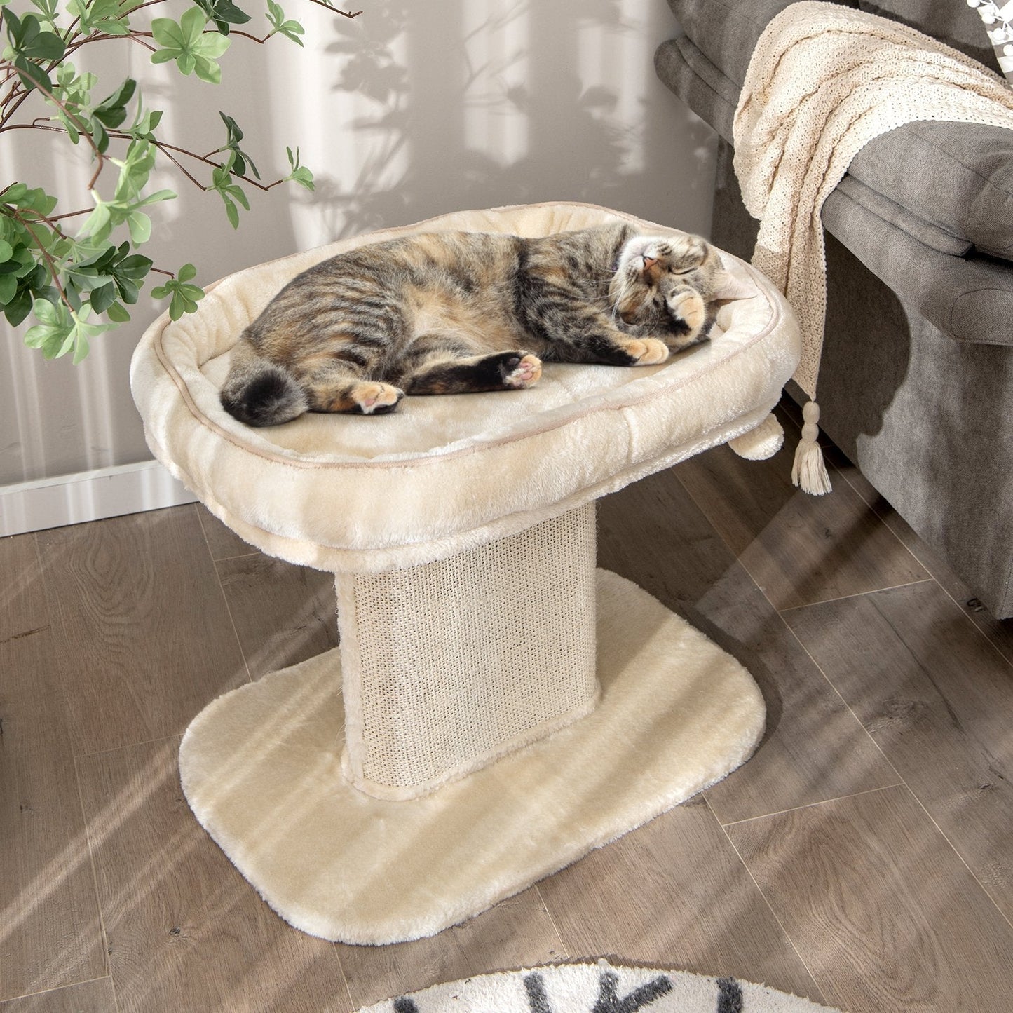 2-Tier Cat Tree with Sleeping Perch Sisal Scratching Plate and Ball-Beige