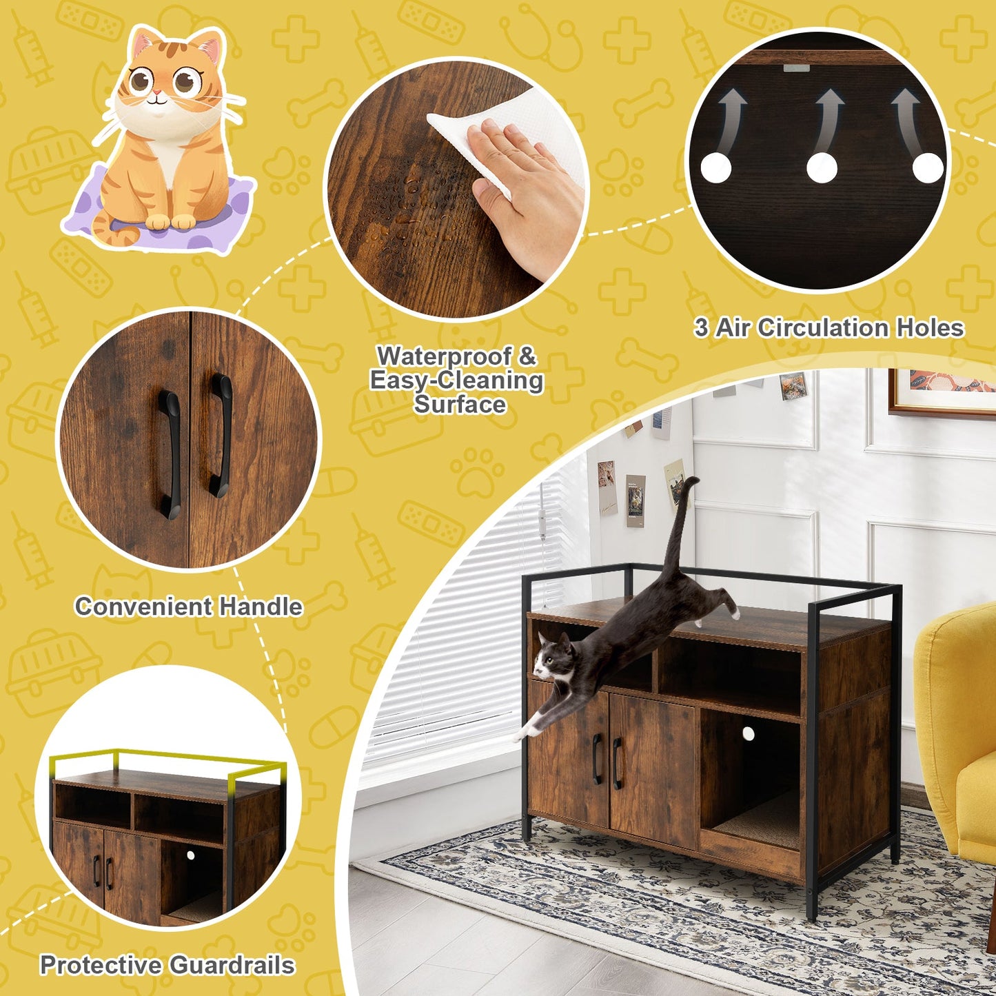 Wooden Cat Litter Box Enclosure with Compartments and Scratching Board-Brown