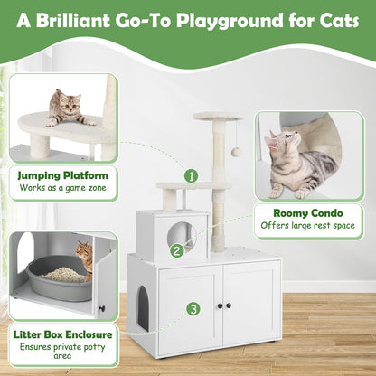 Cat Litter Box Enclosure with Cat Tree and Kitty Condo-White