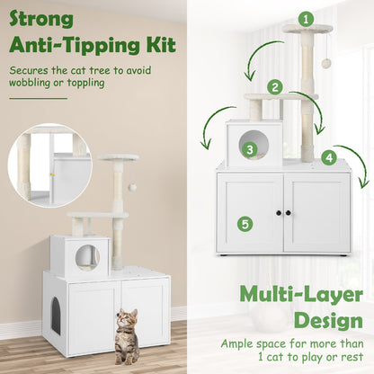 Cat Litter Box Enclosure with Cat Tree and Kitty Condo-White