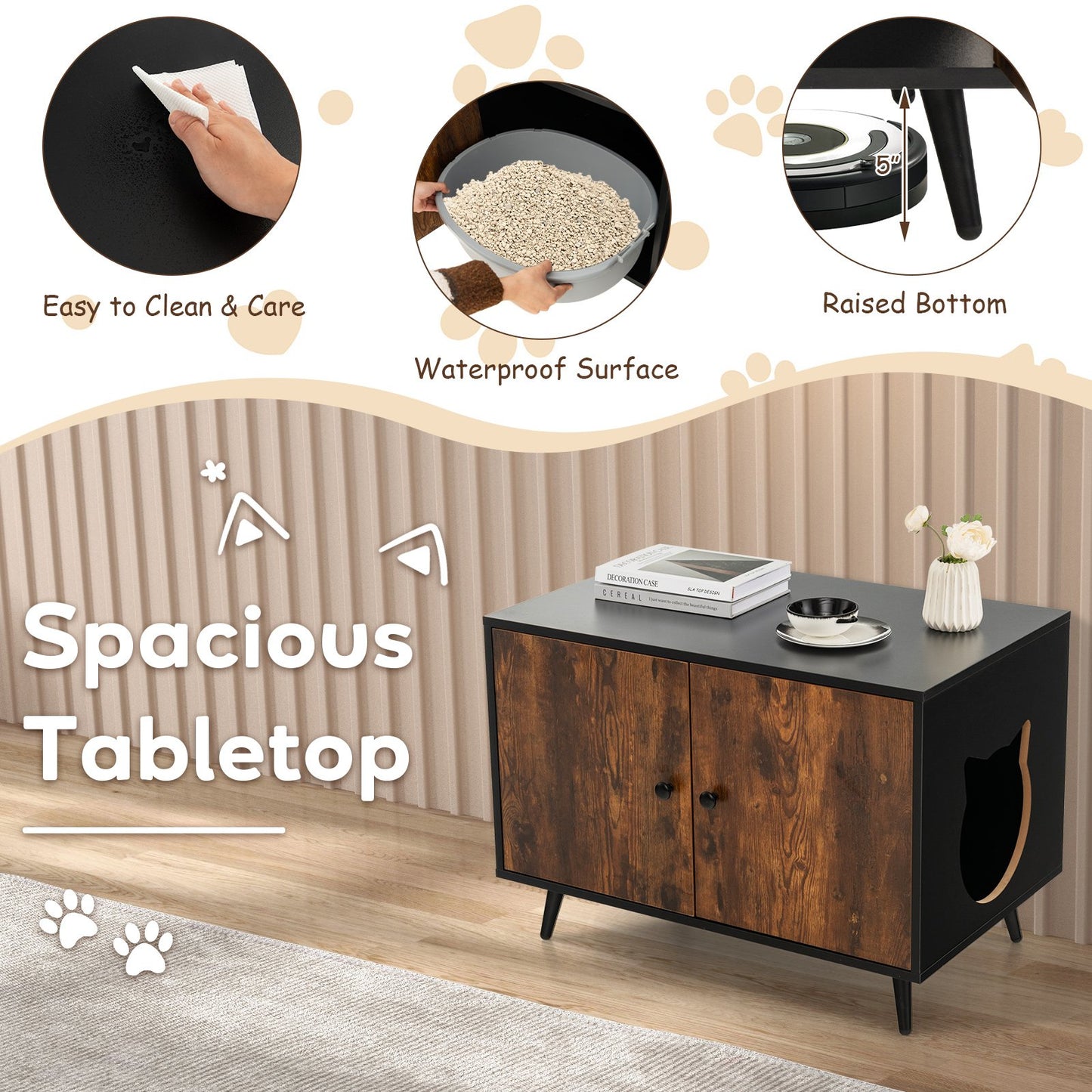 Modern Cat Litter Box Enclosure with Divider and 2 Cat Head-Shaped Entries
