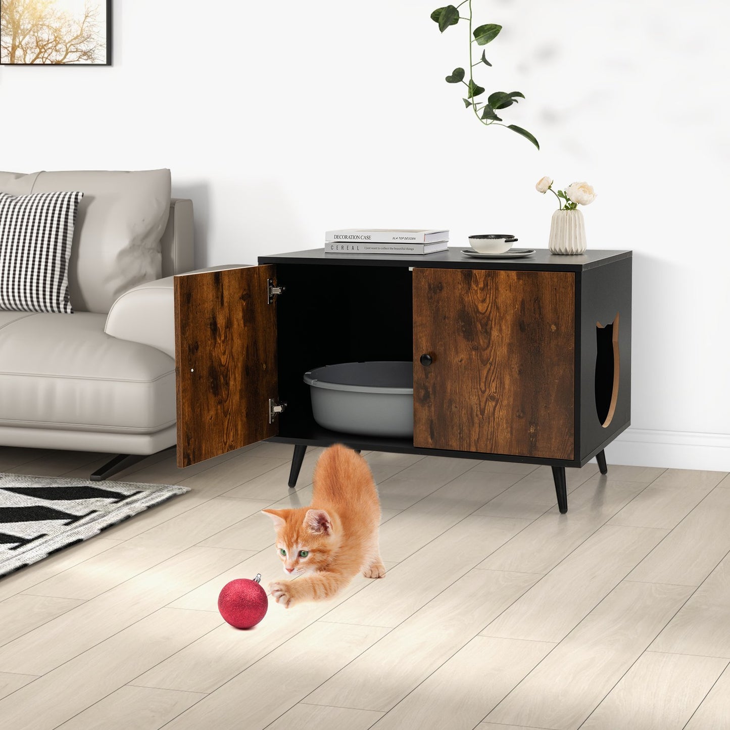 Modern Cat Litter Box Enclosure with Divider and 2 Cat Head-Shaped Entries