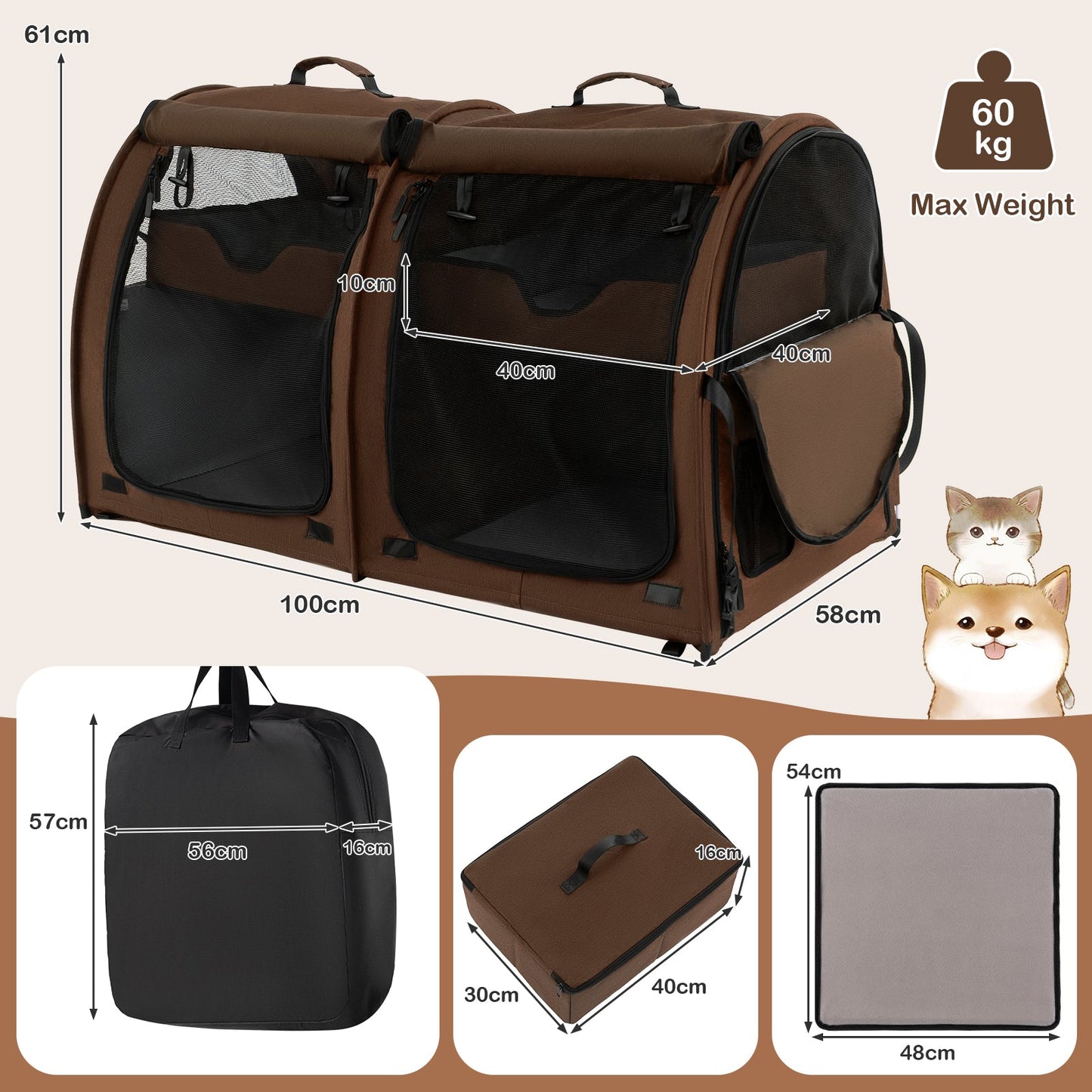2 Compartments Pet Travel Carriers with Removable Hammocks and Mats-Brown