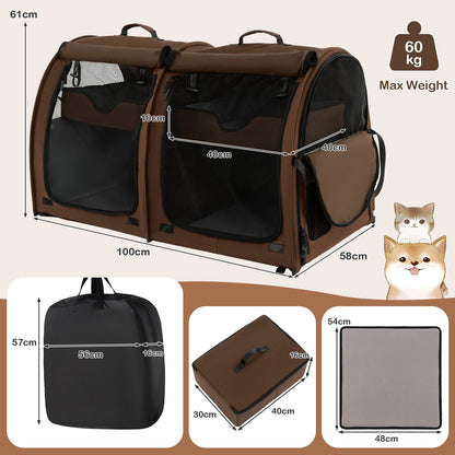 2 Compartments Pet Travel Carriers with Removable Hammocks and Mats-Brown