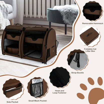 2 Compartments Pet Travel Carriers with Removable Hammocks and Mats-Brown
