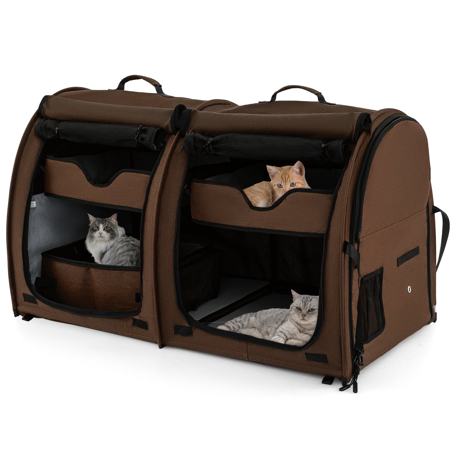 2 Compartments Pet Travel Carriers with Removable Hammocks and Mats-Brown