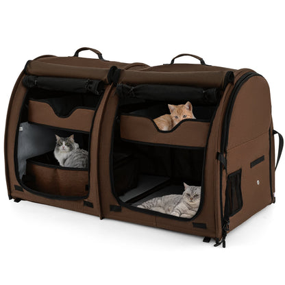 2 Compartments Pet Travel Carriers with Removable Hammocks and Mats-Brown
