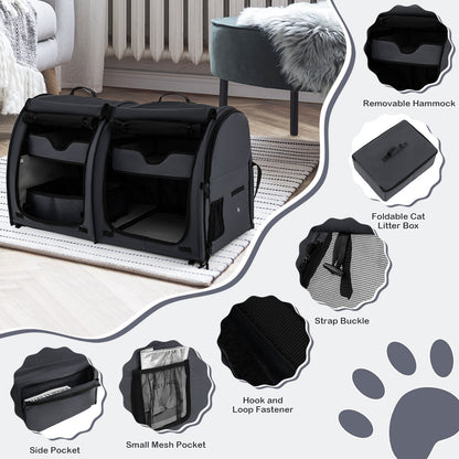 2 Compartments Pet Travel Carriers with Removable Hammocks and Mats-Black