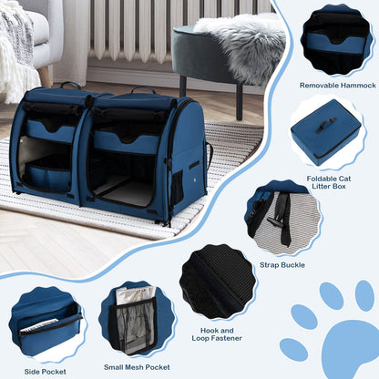 2 Compartments Pet Travel Carriers with Removable Hammocks and Mats-Navy