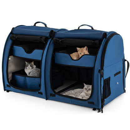 2 Compartments Pet Travel Carriers with Removable Hammocks and Mats-Navy