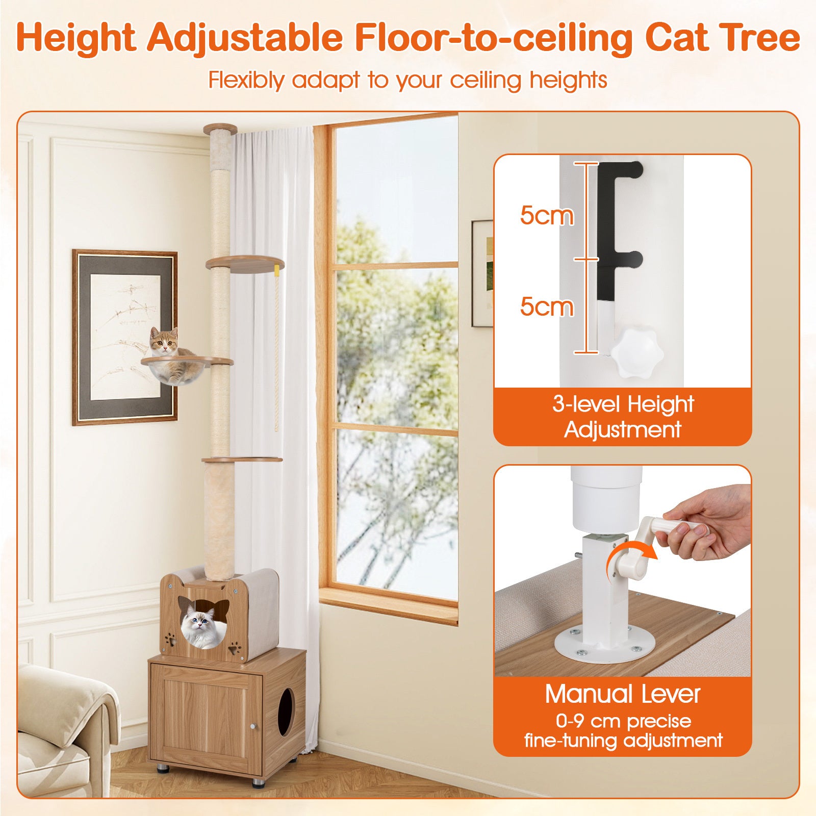 256-275 cm Adjustable Floor to Ceiling Cat Tree-Brown