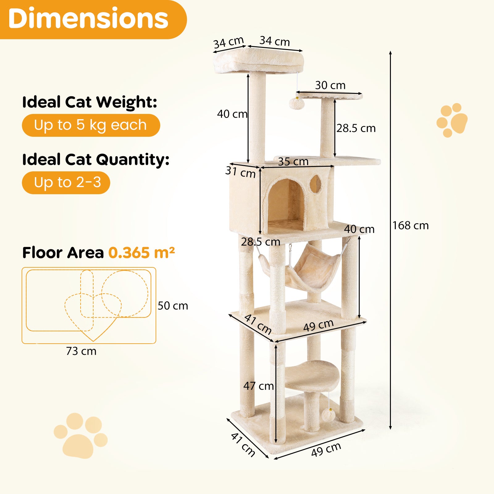 168 cm Tall Multi-Level Cat Tree with 2 Perches and Hammock-Beige