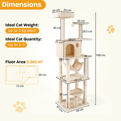 168 cm Tall Multi-Level Cat Tree with 2 Perches and Hammock-Beige
