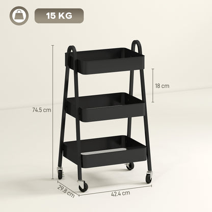 HOMCOM Three-Tier Storage Trolley - Black