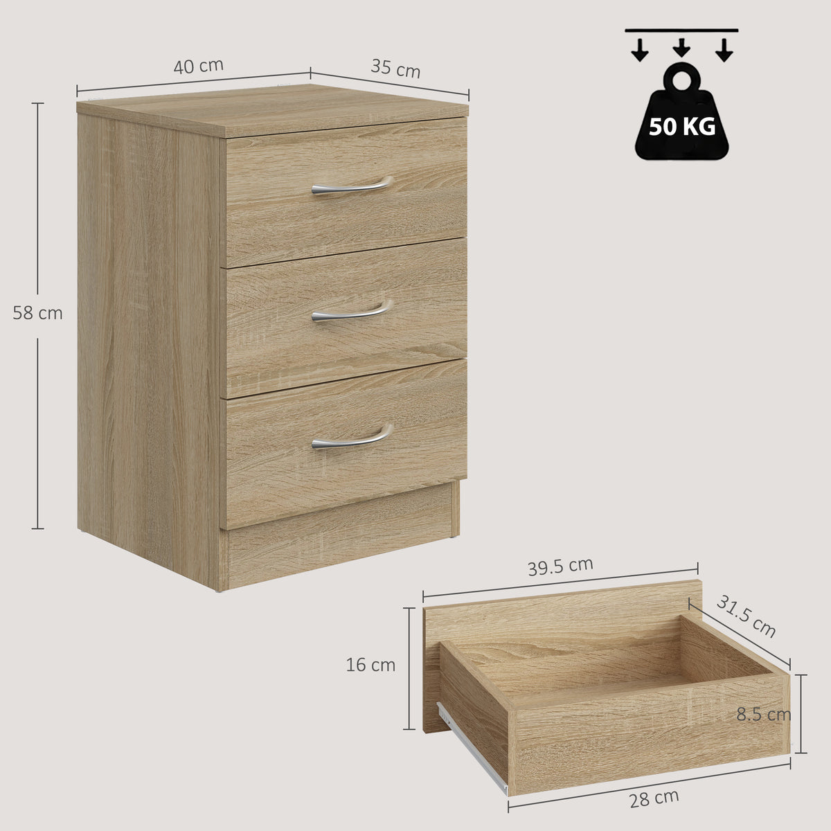 HOMCOM Three-Drawer Simple Bedside Table - Oak
