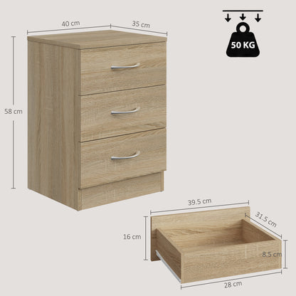 HOMCOM Three-Drawer Simple Bedside Table - Oak