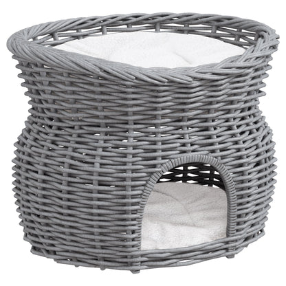 PawHut 2-Tier Wicker Cat House Elevated Pet Bed Basket Willow Kitten Tower Pet Den. Cozy Cave with Washable Cushions 56x37x40cm Grey