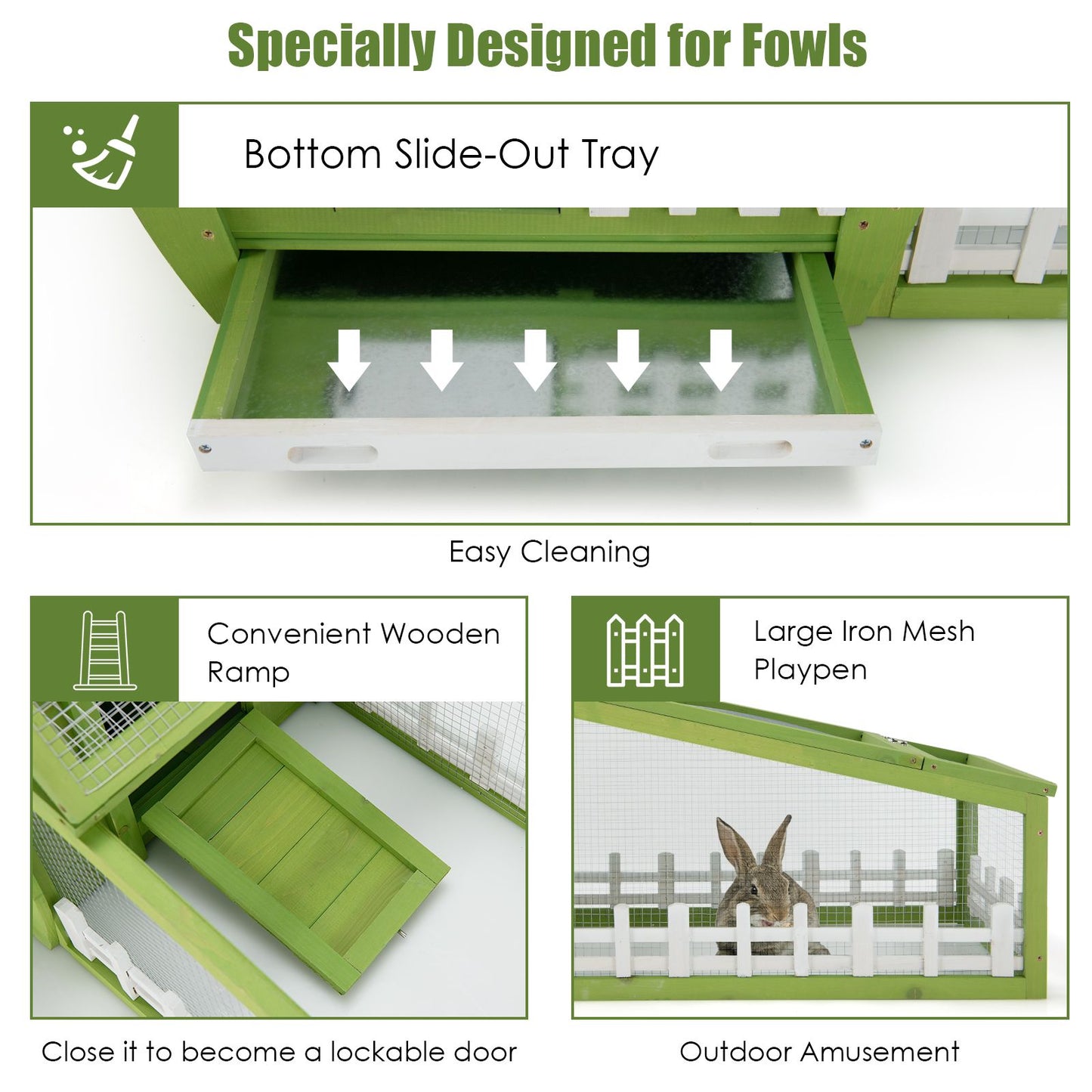 Wooden Rabbit Hutch with Asphalt Roof and Removable Tray-Green