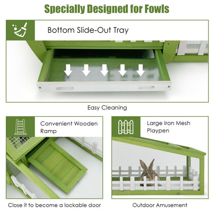 Wooden Rabbit Hutch with Asphalt Roof and Removable Tray-Green