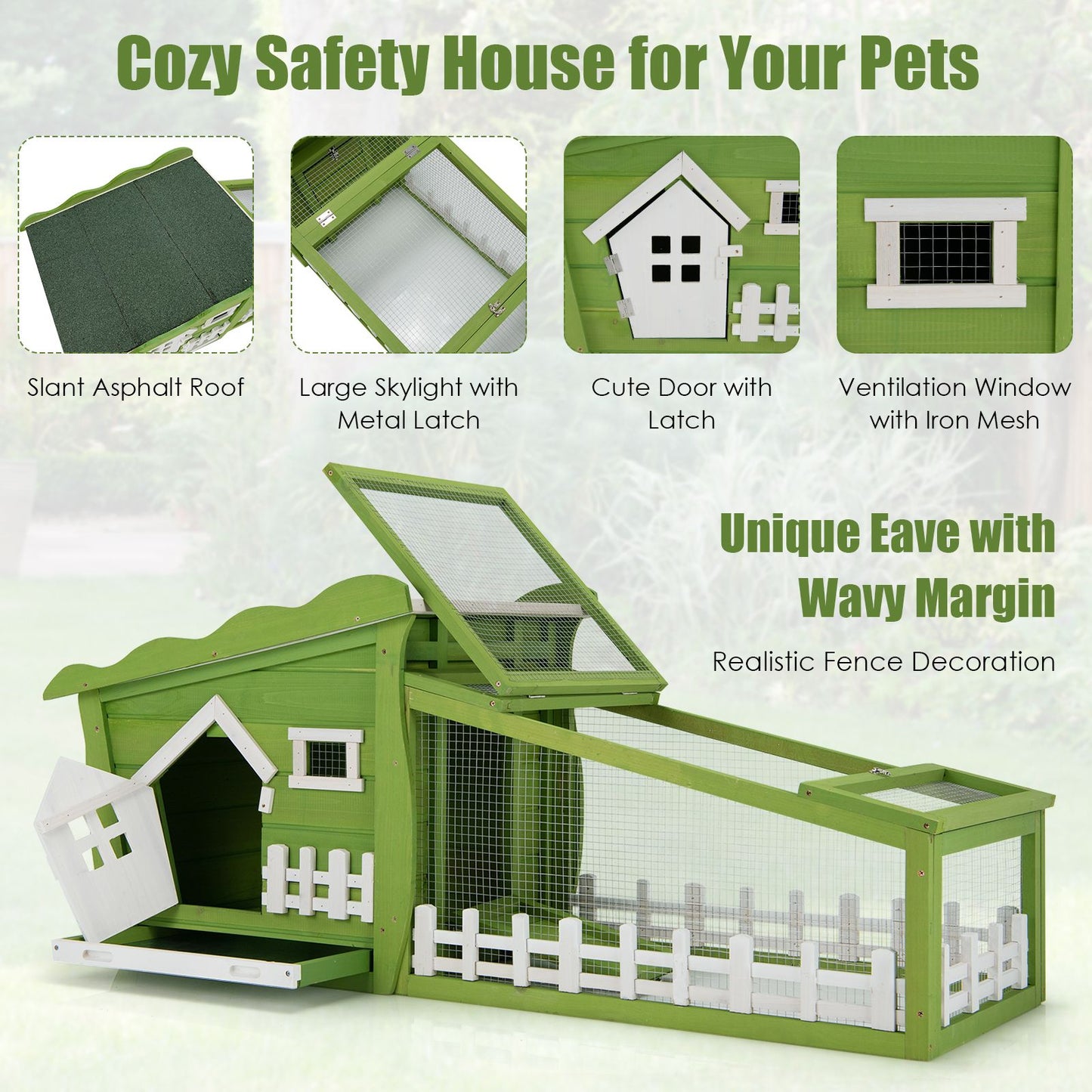 Wooden Rabbit Hutch with Asphalt Roof and Removable Tray-Green