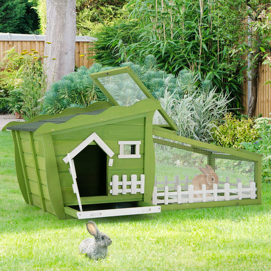 Wooden Rabbit Hutch with Asphalt Roof and Removable Tray-Green