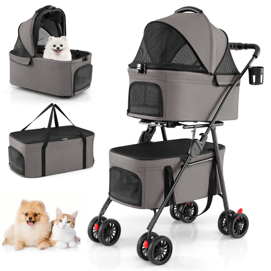 Double Pet Stroller 3 in 1 Foldable with 2 Detachable Carriers Car Seats-Grey