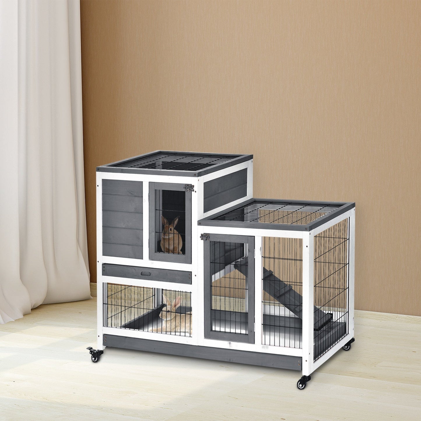 PawHut Wooden Indoor Rabbit Hutch Guinea Pig House Bunny Small Animal Cage W/ Wheels Enclosed Run 110 x 50 x 86 cm, Grey