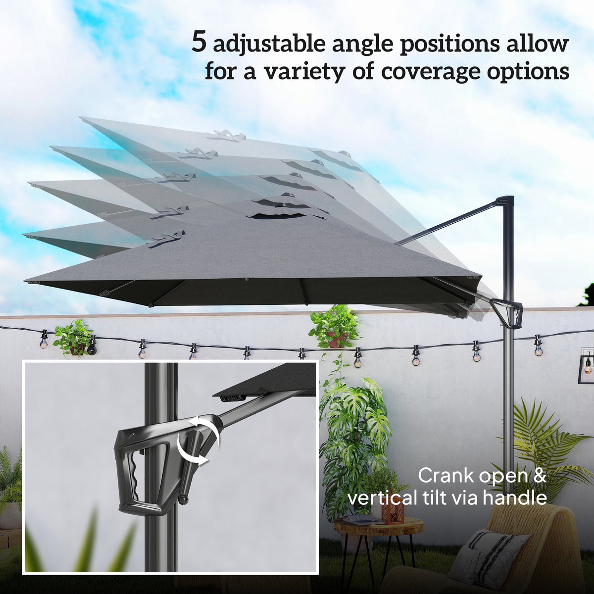 Outsunny Patio Offset Parasol Umbrella with UV Resistant, Cross Base Included, Weights Required - Dark Grey