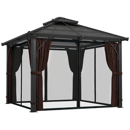 Outsunny 3 x 3(m) Hardtop Gazebo Canopy z 7mm podwójnym dachem z poliwęglanu, stały pawilon ogrodowy z moskitierą i zasłonami na patio, taras, brązowy
