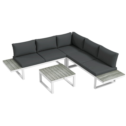 Outsunny 4 Pieces Patio Garden Set with 5-Level Recline Corner Sofa, Outdoor Garden Lounge Sectional Conversation Sofa Set with Cushions, Wood Grain Plastic Table, White Frame Grey Cushion