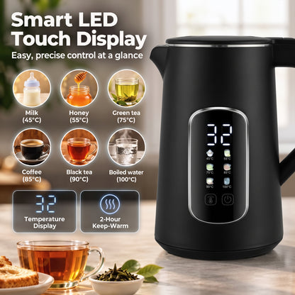 HOMCOM Kettle and Toaster Set with LED Touch Screen, Kettle with Strix Thermostat, 2 Slice Toaster w/ 6 Browning Levels, Black