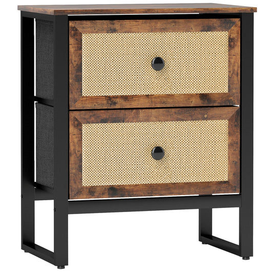 HOMCOM Bedside Table, Side Table with 2 Rattan Drawers, Bedside Cabinet with Storage and Steel Legs for Bedroom, Living Room, Rustic Brown