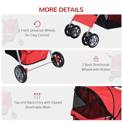 PawHut Pet Stroller Dog Pram Foldable Dog Pushchair Cat Travel Carriage w/ Wheels, Zipper Entry, for Small Pets, Red