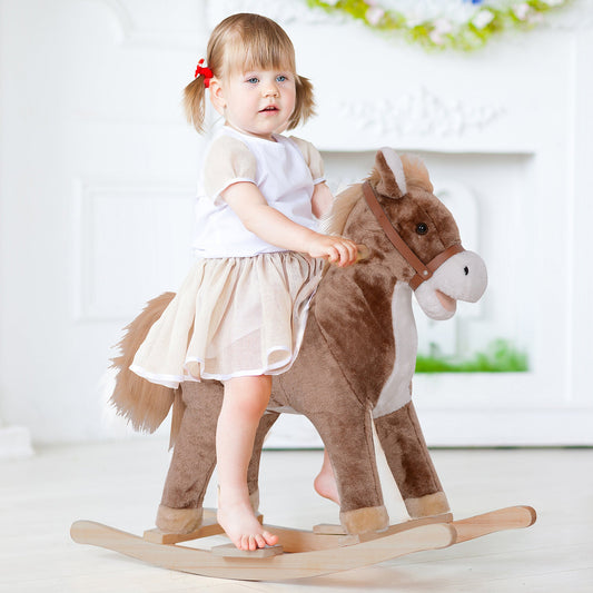 HOMCOM Kids pluszowy konik na biegunach dla dzieci, drewniana podstawa, bujany bujaczek z uchwytem, ​​tradycyjna zabawka, świetny prezent dla dzieci w wieku 3+ (brązowo-biały)