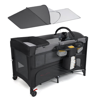 Foldable Pack and Play with 5 Adjustable Heights and Changing Table-Grey