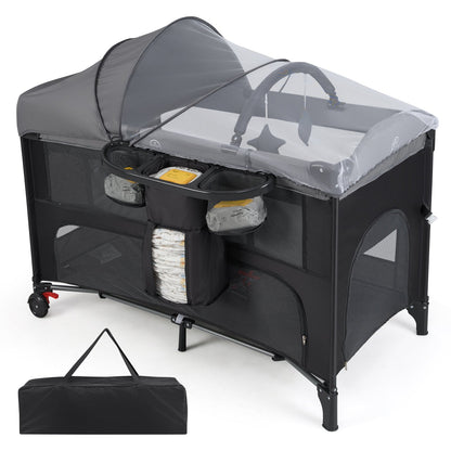 Foldable Pack and Play with 5 Adjustable Heights and Changing Table-Grey