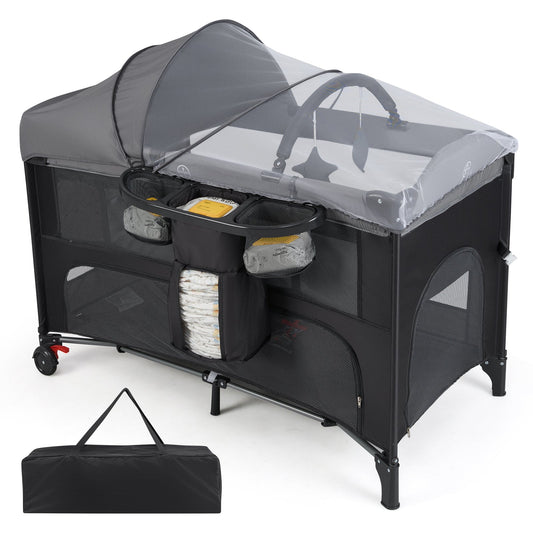 Foldable Pack and Play with 5 Adjustable Heights and Changing Table-Grey