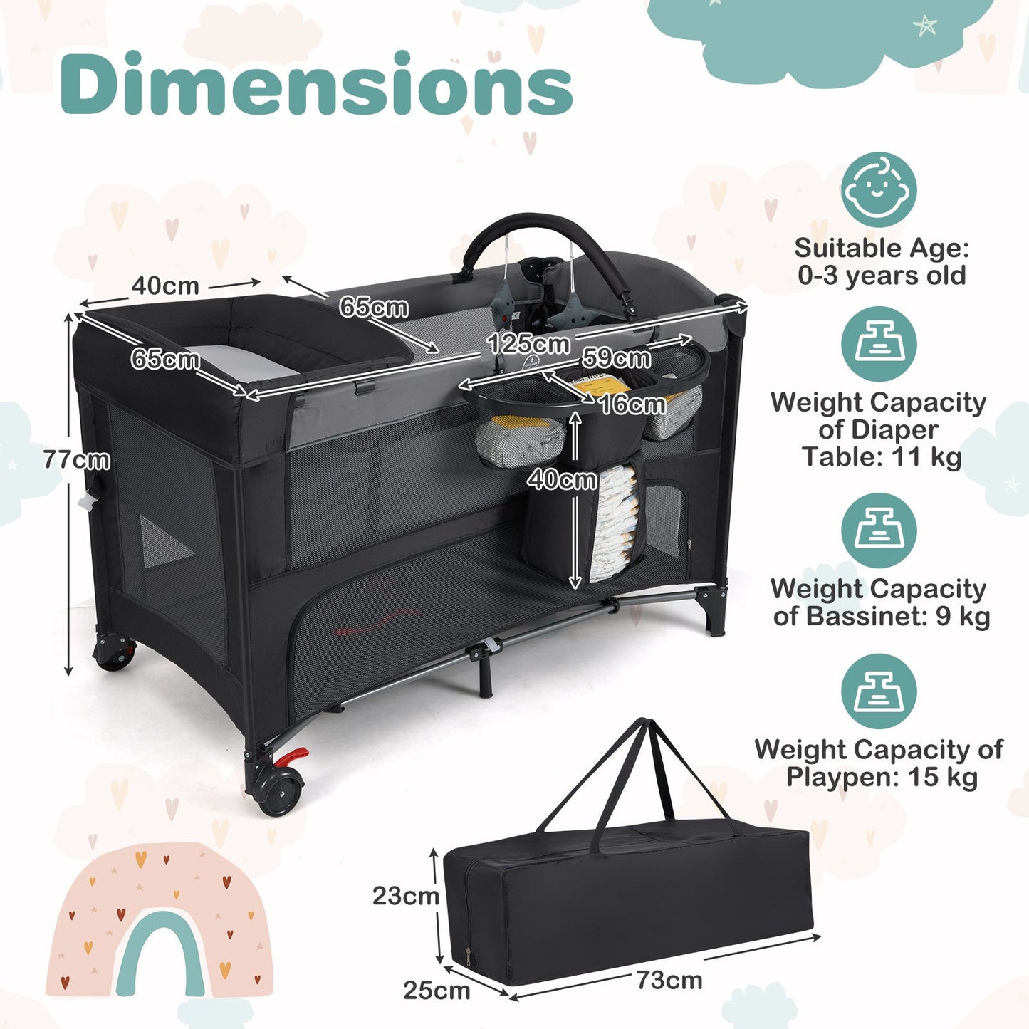 Foldable Pack and Play with 5 Adjustable Heights and Changing Table-Grey