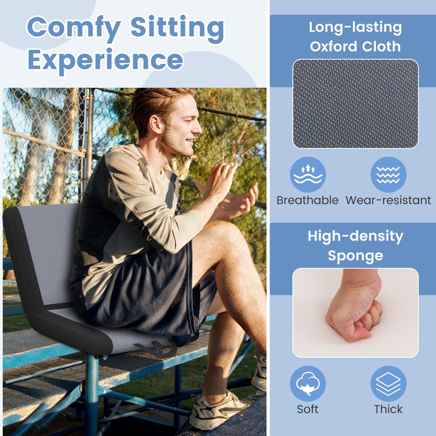 Padded Stadium Seat with Back Support and 6 Reclining Positions-Grey