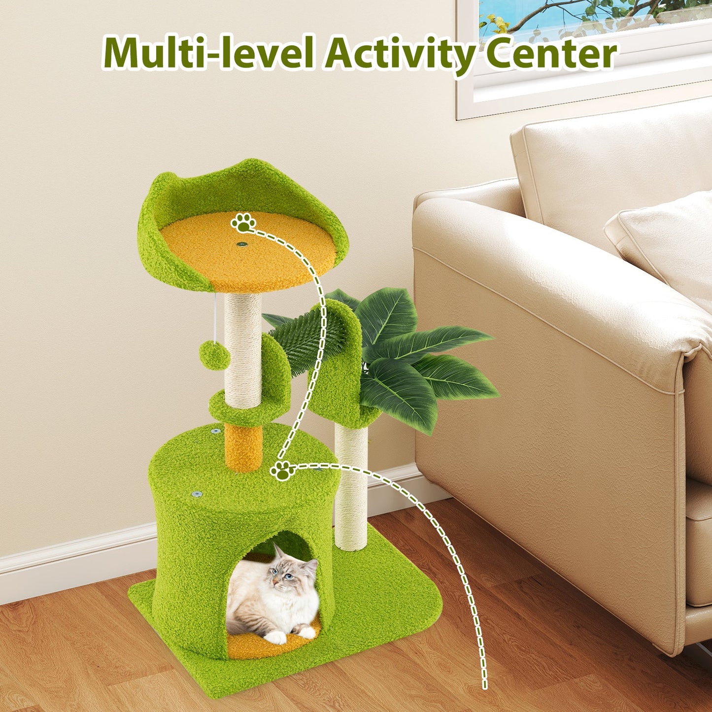 Palm Cat Tree Cat Tower Multi-Level Pet Play House-Green