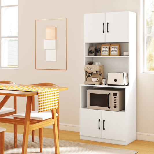 Pantry Cabinet with Power Outlets Freestanding Narrow Kitchen Hutch with 4 Doors-White