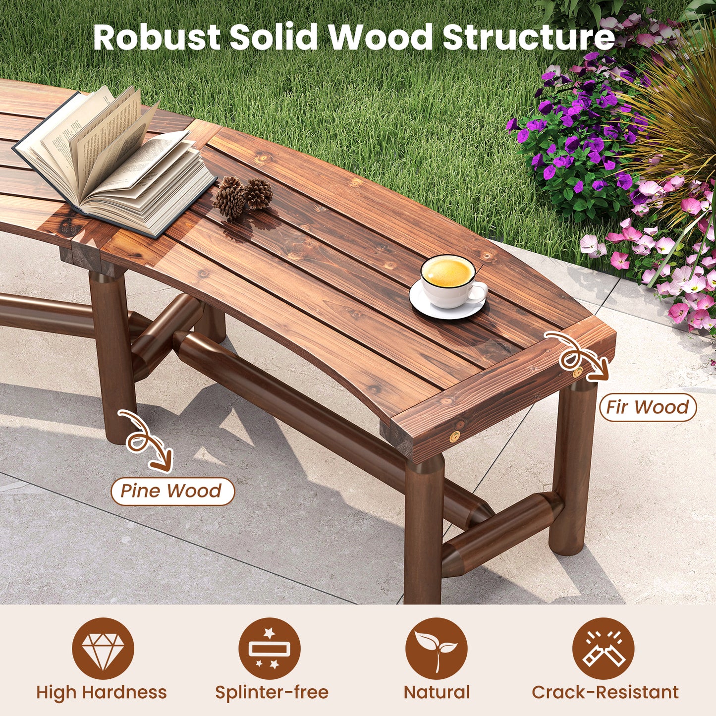 Patio Curved Bench Solid Wood Fire Pit Bench for 2-3 People Outdoor Backless Loveseat-Rustic Brown