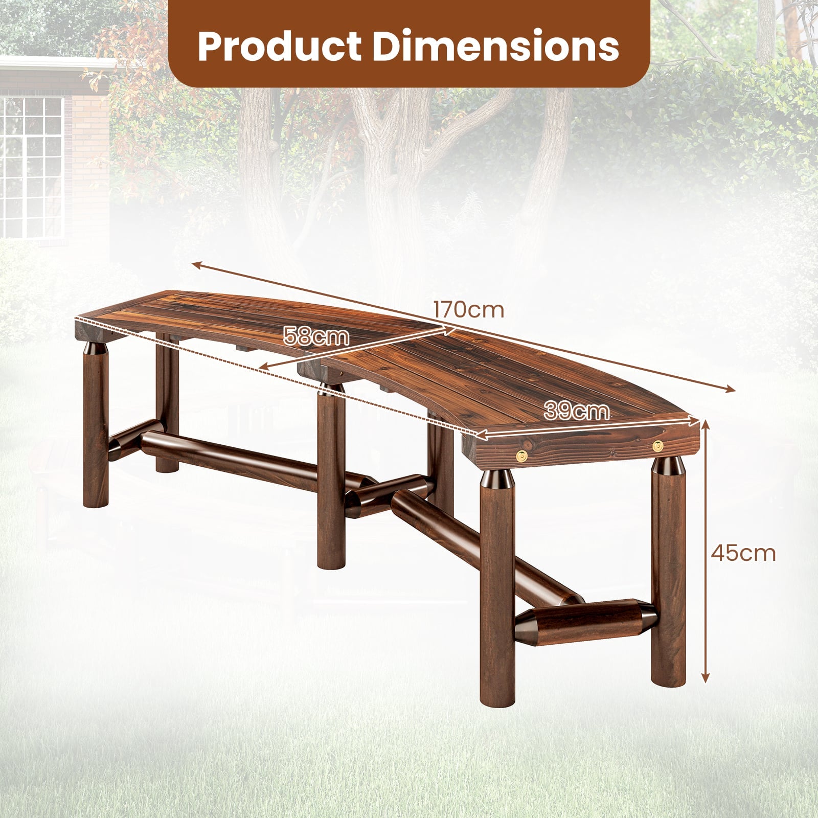 Patio Curved Bench Solid Wood Fire Pit Bench for 2-3 People Outdoor Backless Loveseat-Rustic Brown