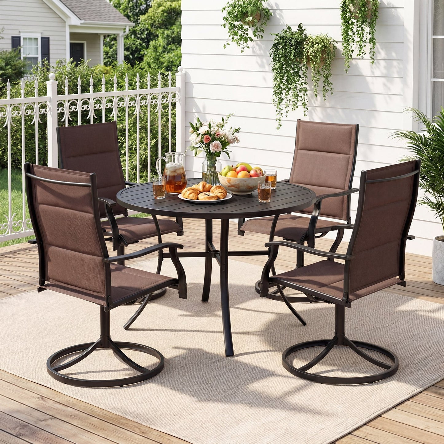 Patio Dining Table 108CM Round Metal Slat Table with Umbrella Hole-Black