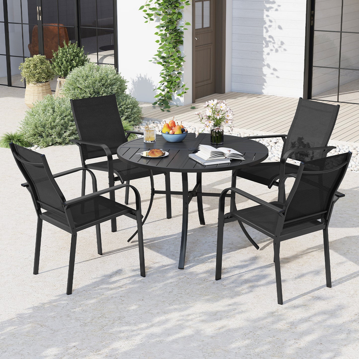 Patio Dining Table 108CM Round Metal Slat Table with Umbrella Hole-Black