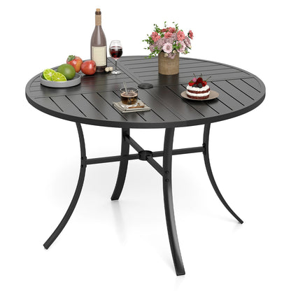 Patio Dining Table 108CM Round Metal Slat Table with Umbrella Hole-Black
