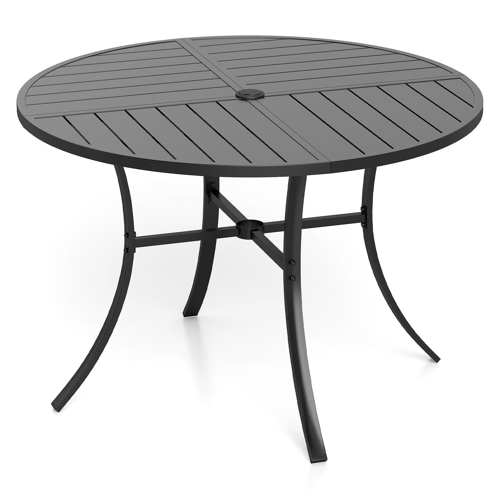 Patio Dining Table 108CM Round Metal Slat Table with Umbrella Hole-Black