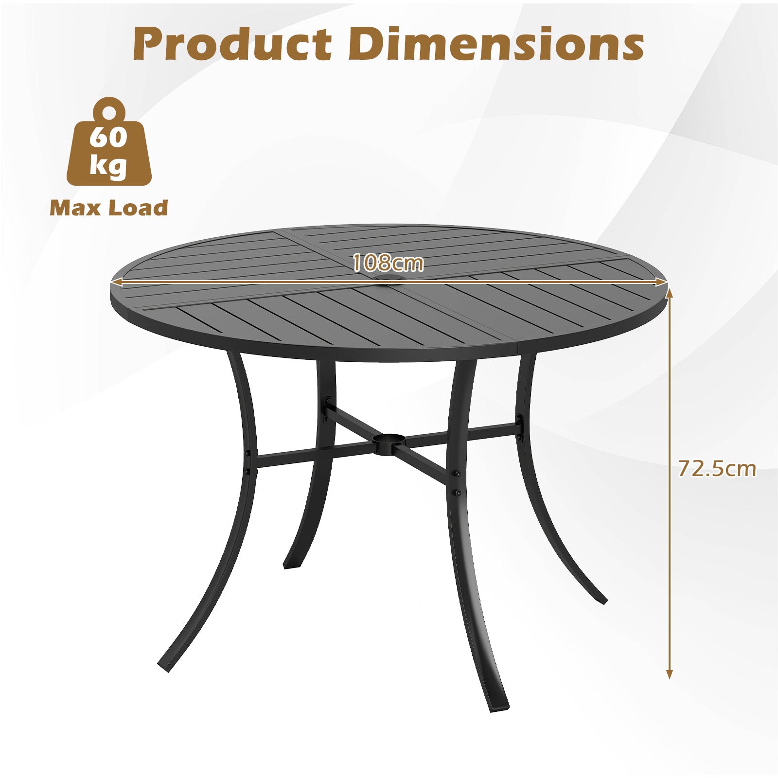 Patio Dining Table 108CM Round Metal Slat Table with Umbrella Hole-Black