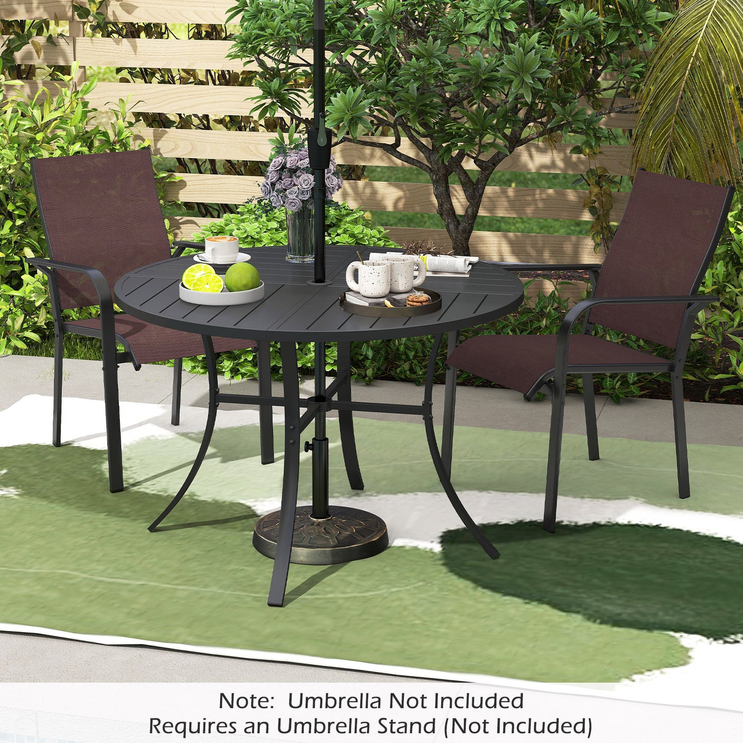 Patio Dining Table 108CM Round Metal Slat Table with Umbrella Hole-Black